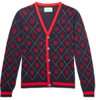 Gucci - Slim-Fit Webbing-Trimmed Wool-Jacquard Cardigan - Men - Navy