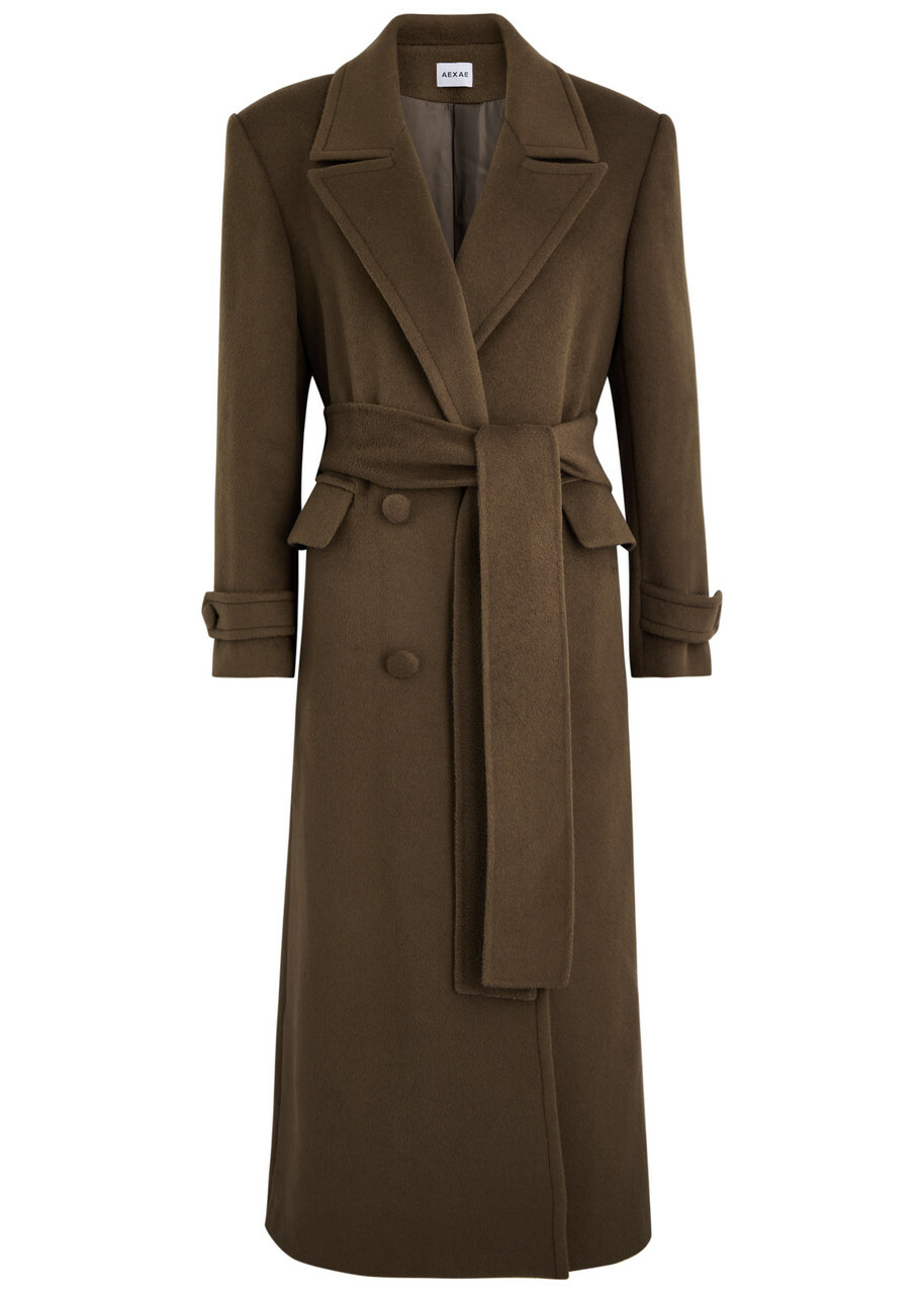 Aexae Double-breasted Belted Wool-blend Coat Brown