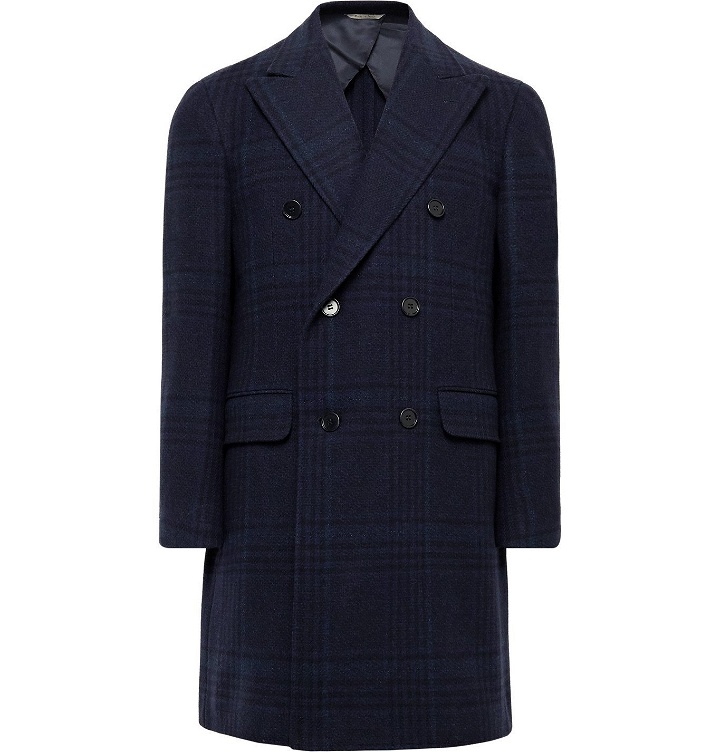 Photo: Canali - Double-Breasted Checked Wool and Cashmere-Blend Overcoat - Blue