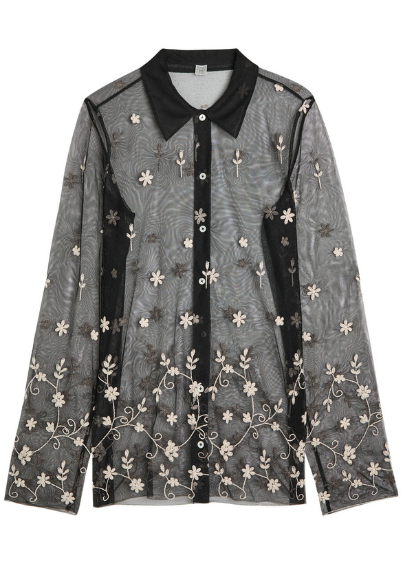 Photo: Toteme Floral-embroidered Sheer Tulle Shirt Black And White