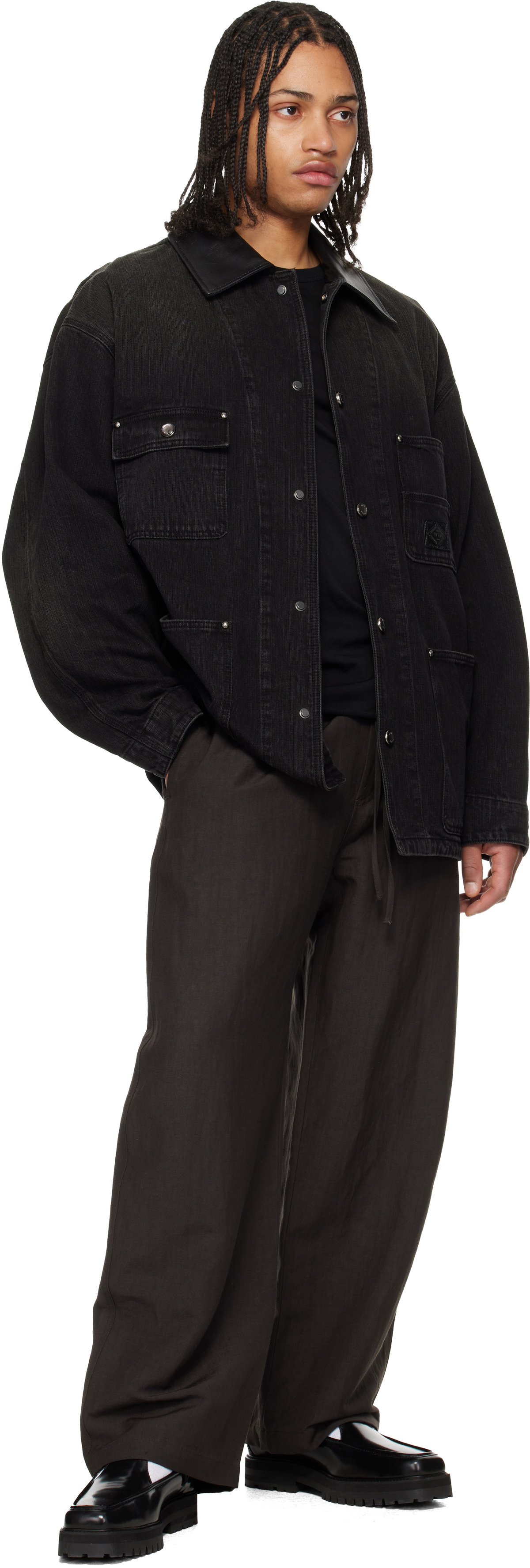 WOOYOUNGMI Black Leather Collar Tin-washed Denim Coat