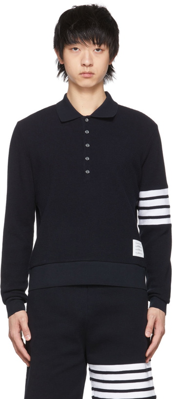 Photo: Thom Browne Navy Cotton 4-Bar Polo