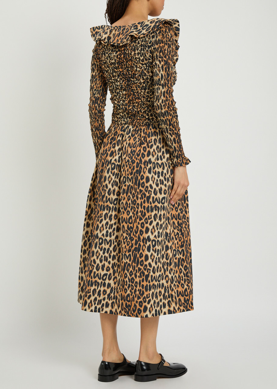 Damson Madder Harper Leopard Shirred Cotton-poplin Midi Dress