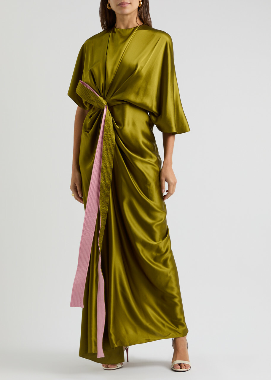 neon green sheer dress Tie Waist Cami Wrap Midi Dress in Olive | Luxe Collection