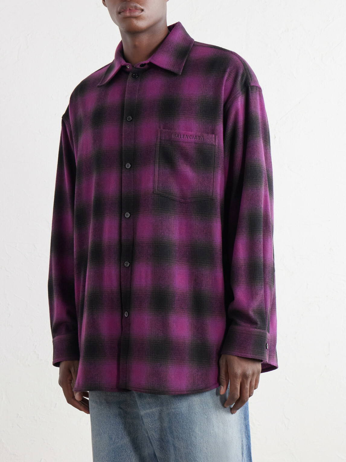 Balenciaga - Logo-Debossed Checked Wool-Blend Flannel Overshirt - Purple