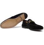 Gucci - Brixton Horsebit Webbing-Trimmed Collapsible-Heel Suede Loafers - Black