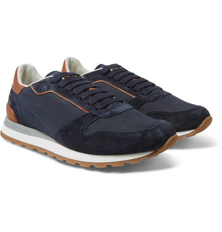 Photo: Brunello Cucinelli - Leather-Trimmed Suede and Mesh Sneakers - Navy