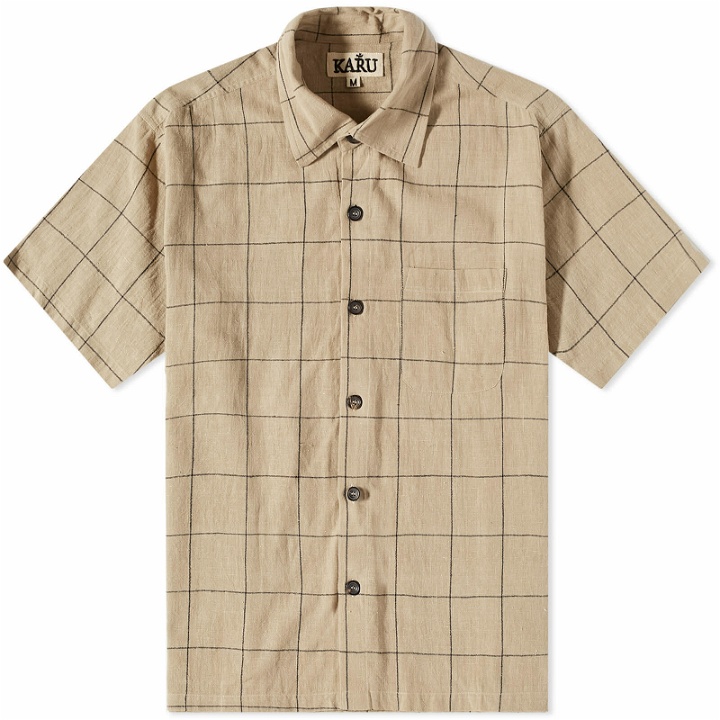 Photo: Karu Research Men's Cotton Weave Short Sleeve Shirt in Beige/Navy