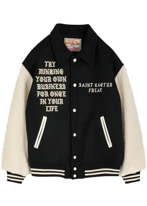Photo: Saint Mxxxxxx X Cactus Plant Flea Market Panelled Wool-blend Varsity Jacket Black And White