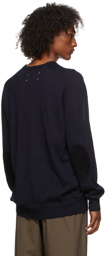 Maison Margiela Navy Wool Suede Elbow Patch V-Neck Sweater