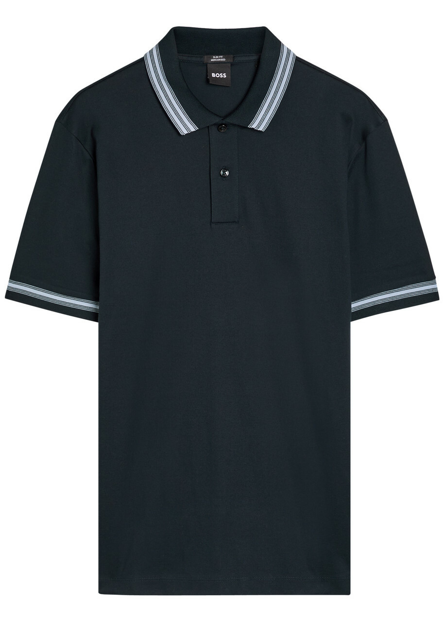 Boss Striped Trims Cotton Polo Shirt Navy