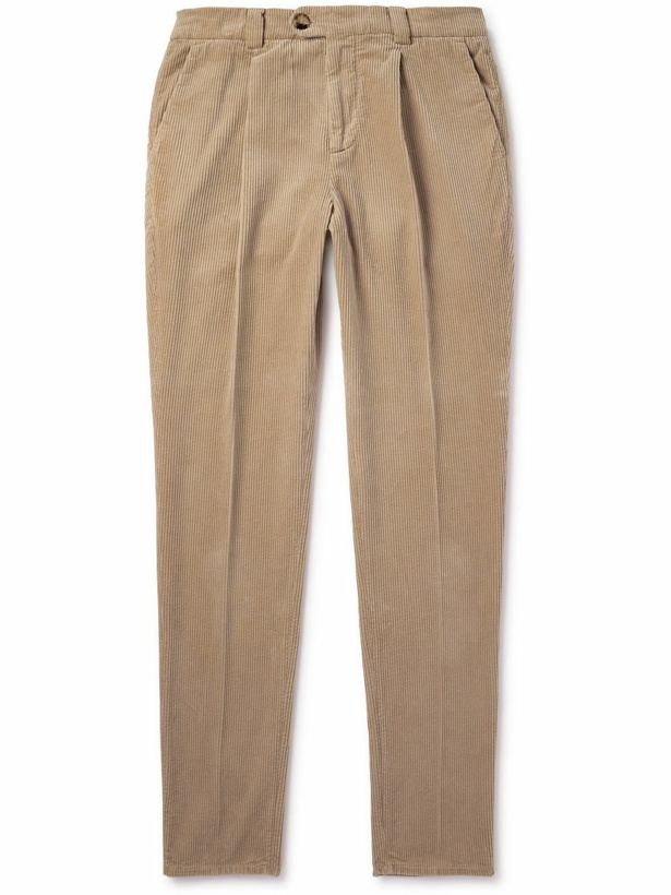 Photo: Brunello Cucinelli - Slim-Fit Straight-Leg Pleated Garment-Dyed Cotton-Corduroy Trousers - Brown