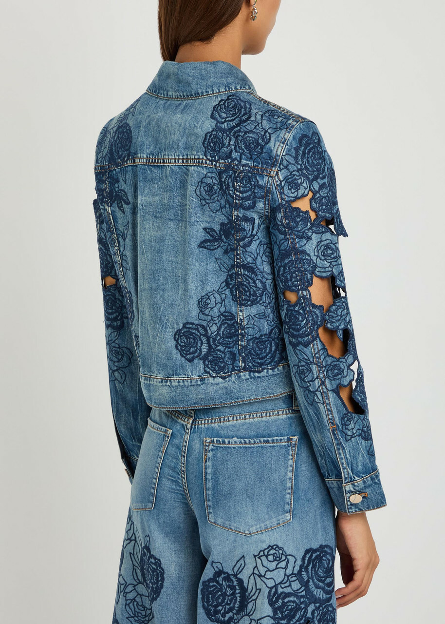 Alice + Olivia Chloe Embroidered Cut-out Denim Jacket Blue