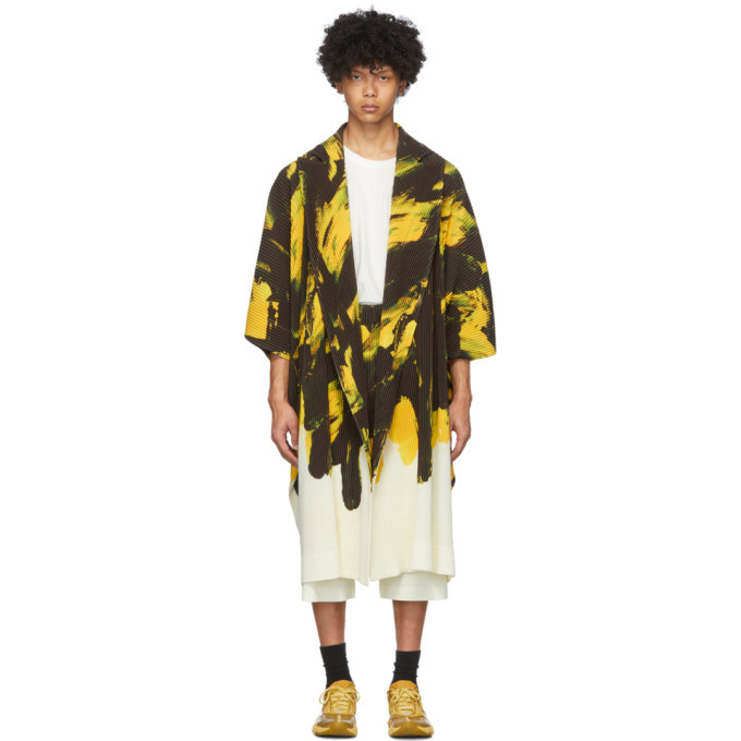 Homme Plisse Issey Miyake Yellow and Black Action Paint Cardigan