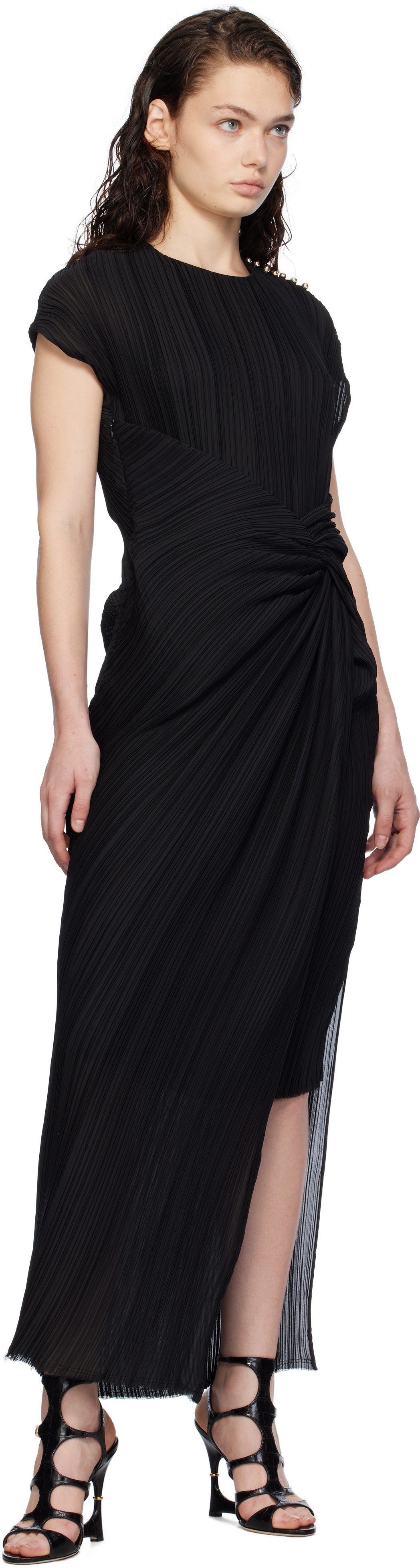 Lanvin Black Asymmetrical Pleated Maxi Dress