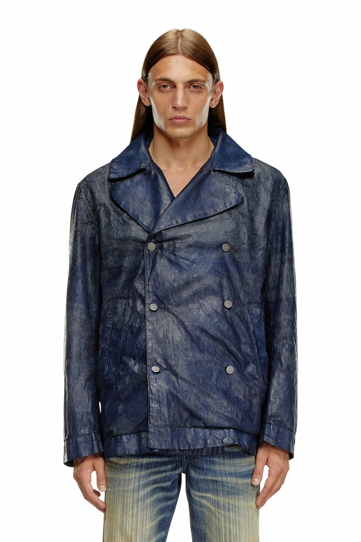 Diesel Double-breasted jacket in coated denim - Denim Jackets Mens 