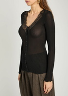 Saint Laurent Lace-trim Ribbed Silk Cardigan Black