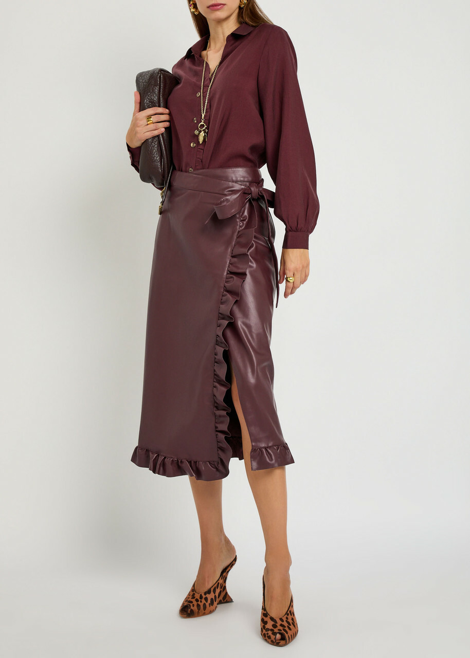 Never Fully Dressed Jaspre Ruffled Faux Leather Midi Wrap Skirt Red