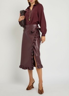 Never Fully Dressed Jaspre Ruffled Faux Leather Midi Wrap Skirt Red