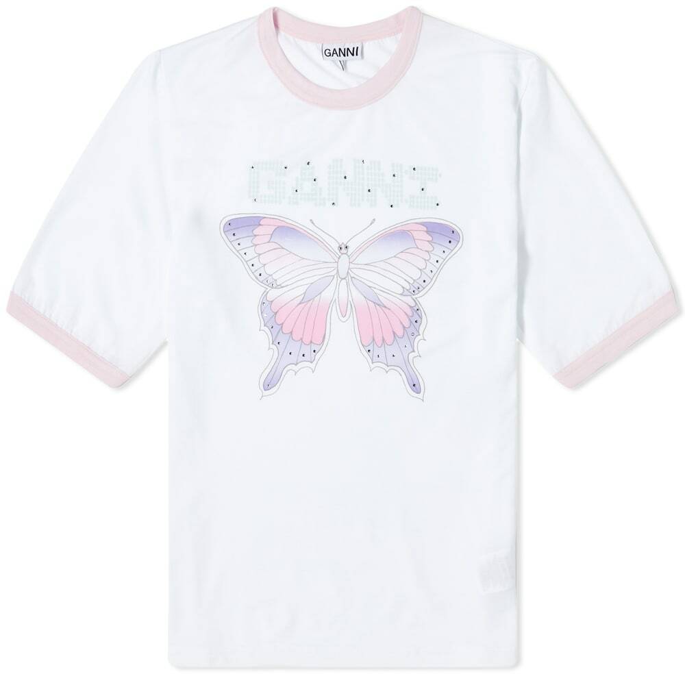 ★Ganni★ Butterfly Print Short Sleeve T-Shirt White T335315 Bright White Fitted Butterfly T-shirt | GANNI US