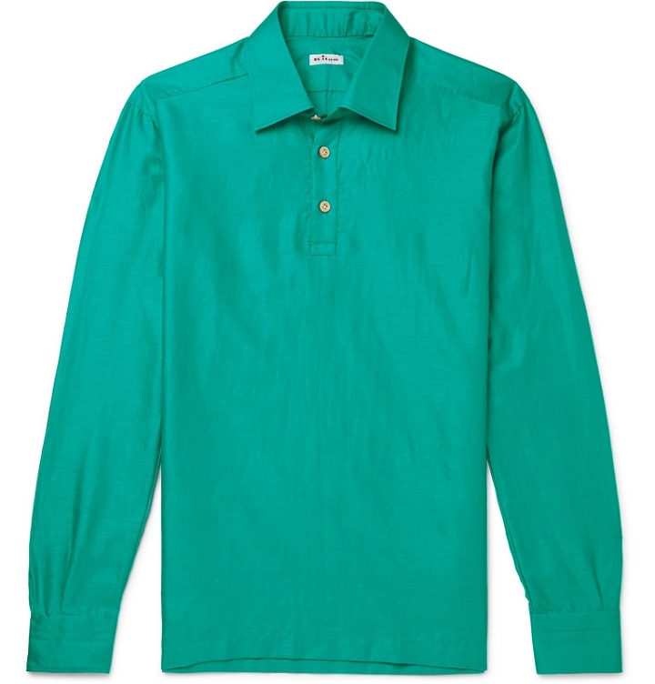 Photo: Kiton - Slim-Fit Cotton and Linen-Blend Half-Placket Shirt - Green