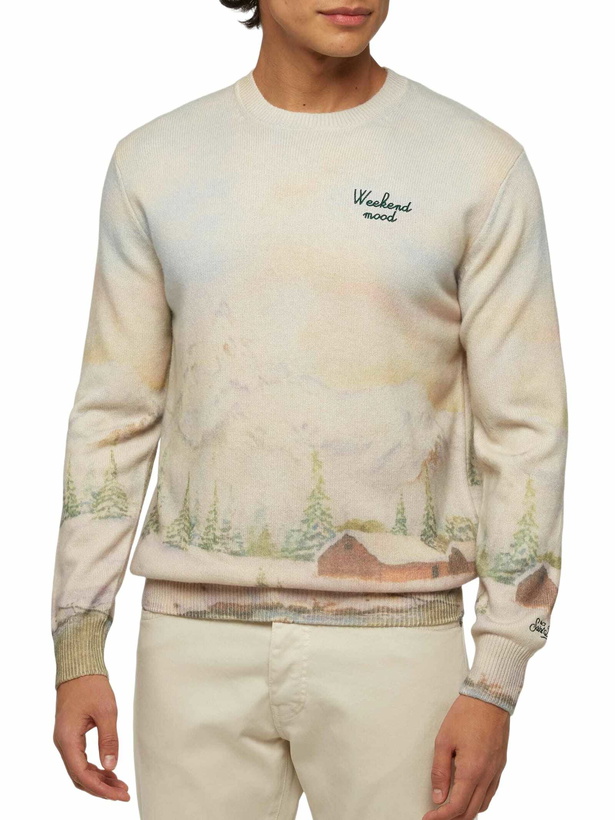 Photo: MC2 Saint Barth Crewneck Sweater Heron With Landscape Print And Weekend Mood Embroidery