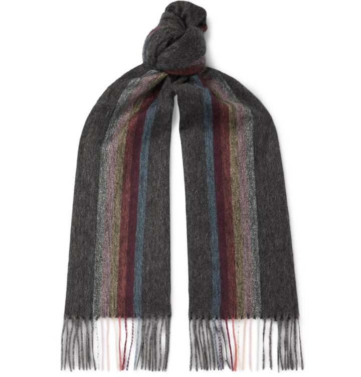 Photo: Paul Smith - Fringed Striped Mélange Cashmere Scarf - Gray