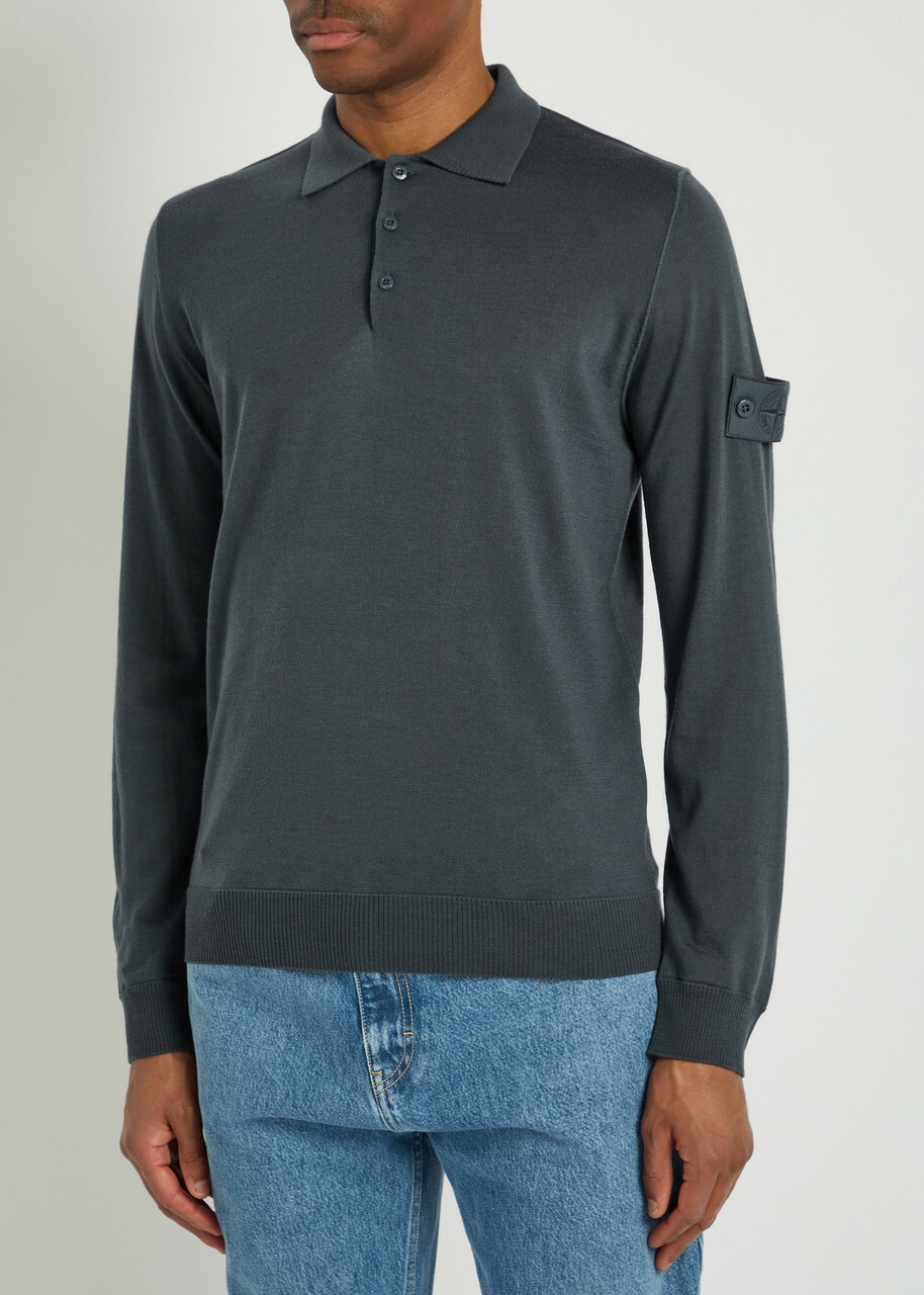 Stone Island Logo Wool Polo Shirt Blue