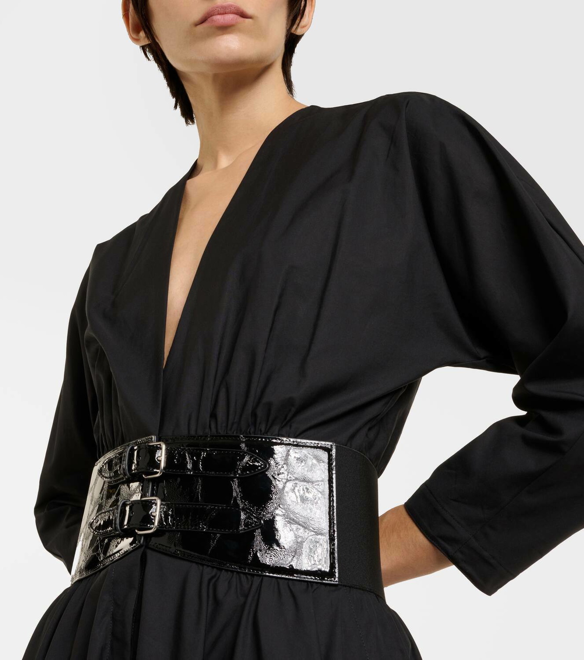 chinese dress ladies Women's Something to Behold Black Faux Leather Short Sleeve Belted Midi Dress | Size: S main image 0