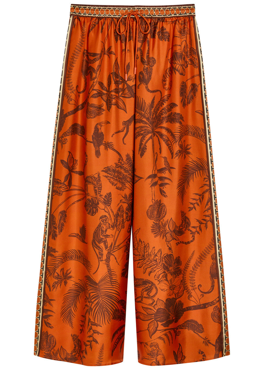 Alemais Monkey Dance Printed Wide-leg Silk Trousers Rust