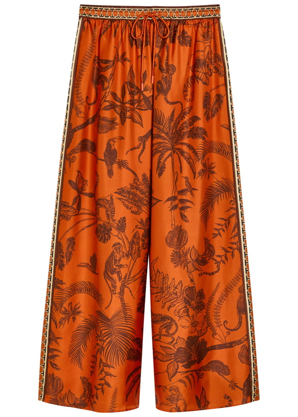 Photo: Alemais Monkey Dance Printed Wide-leg Silk Trousers Rust