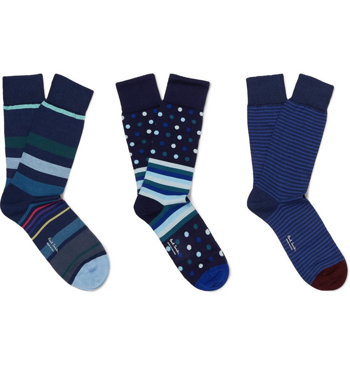 Photo: Paul Smith - Three-Pack Striped Stretch Cotton-Blend Socks - Blue