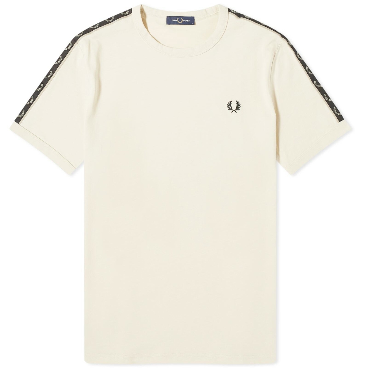 Photo: Fred Perry Men's Contrast Tape Ringer T-Shirt in Oatmeal/Warm Grey