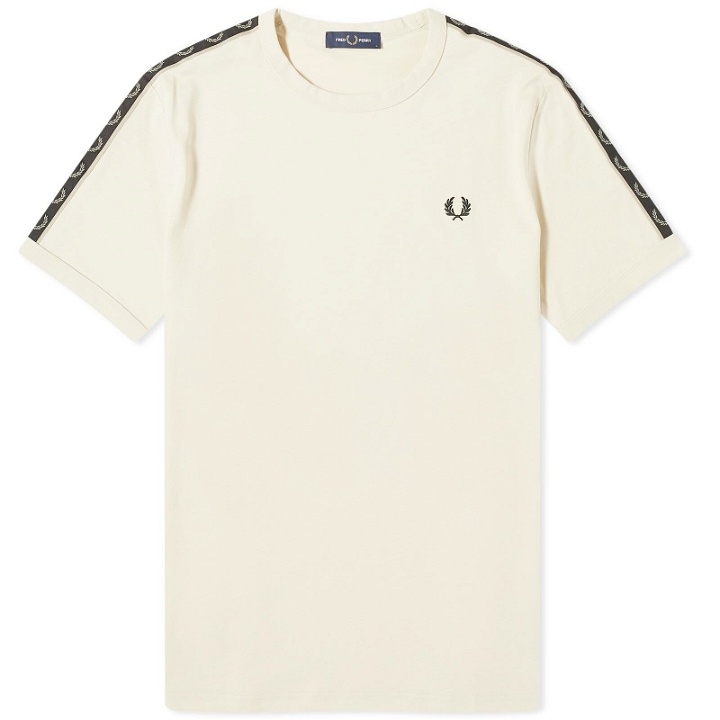 Photo: Fred Perry Men's Contrast Tape Ringer T-Shirt in Oatmeal/Warm Grey