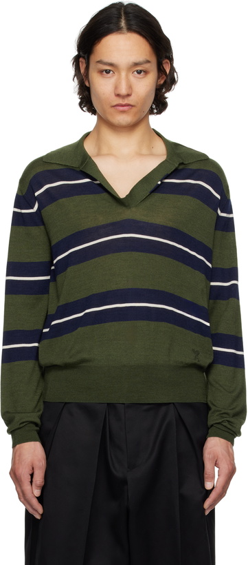 Photo: AMI Paris Khaki Wool Silk Tonal Striped Polo