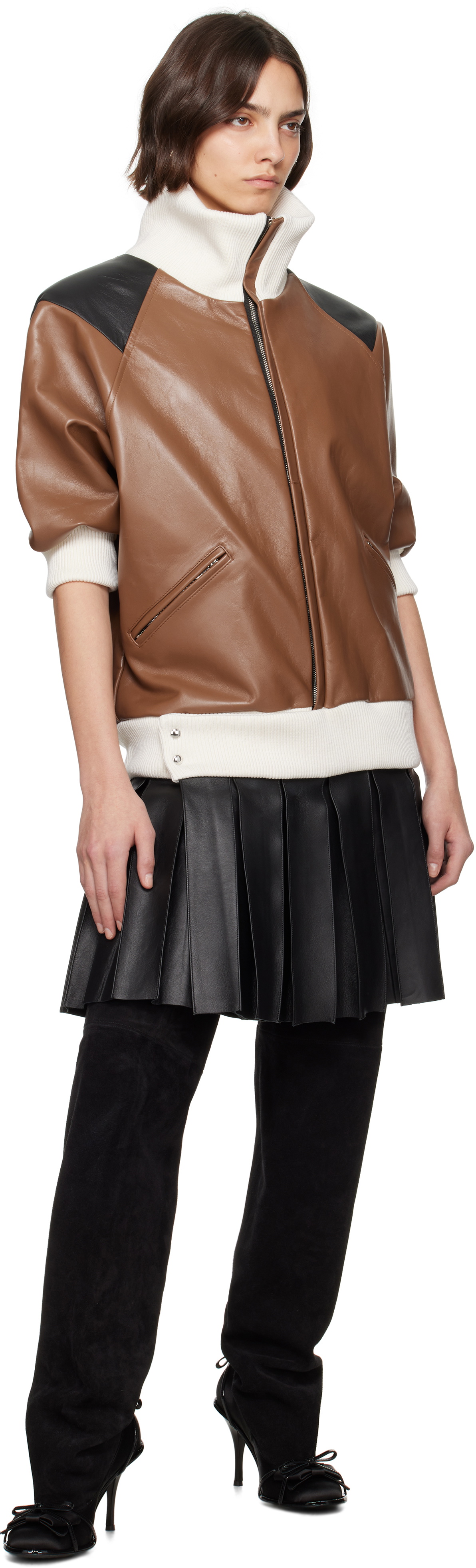 ALL-IN Brown & Black Leather Bomber Minidress