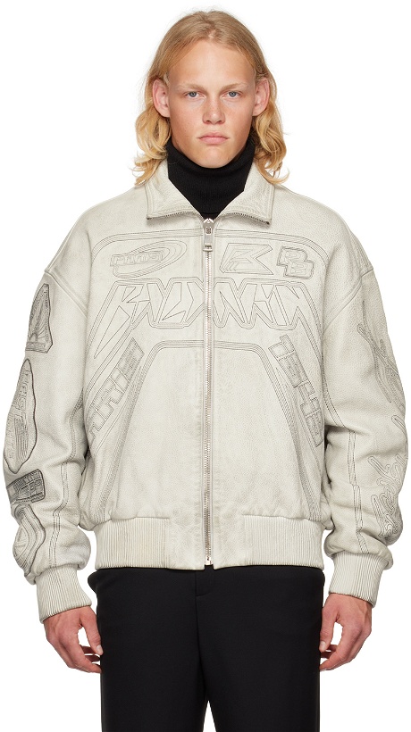Photo: Balmain Off-White Embroidered Leather Bomber Jacket