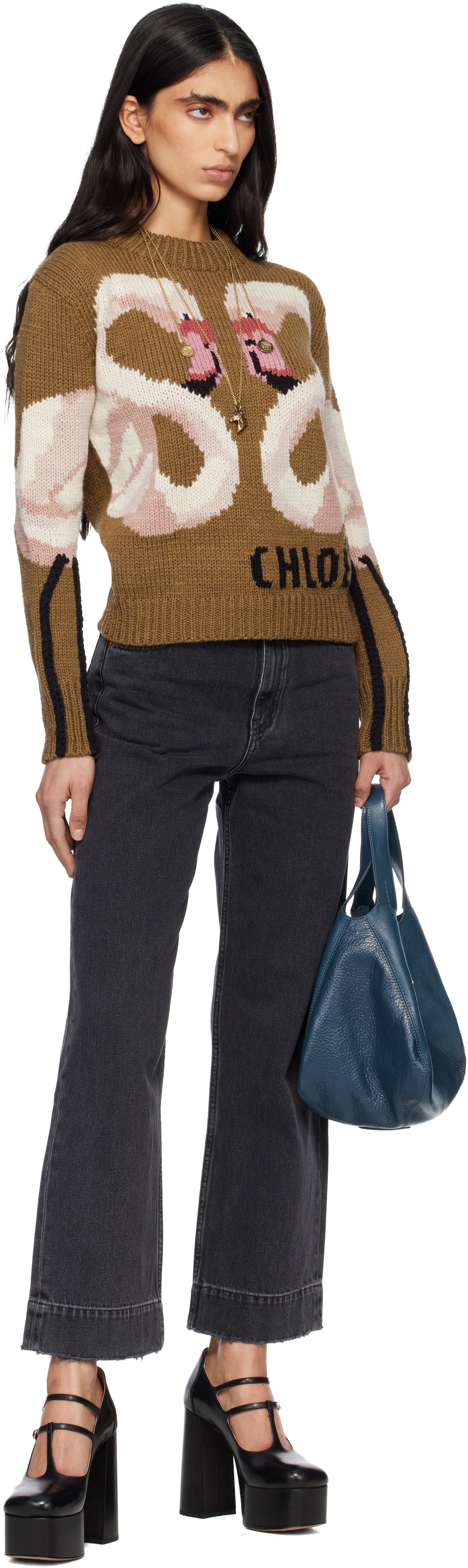 Chloé Brown Crew-Neck Logo Wool Knit Sweater