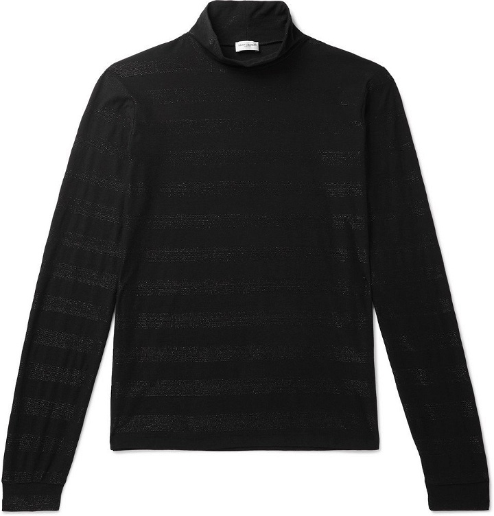 Photo: SAINT LAURENT - Slim-Fit Metallic Striped Cotton-Blend Rollneck Sweater - Black