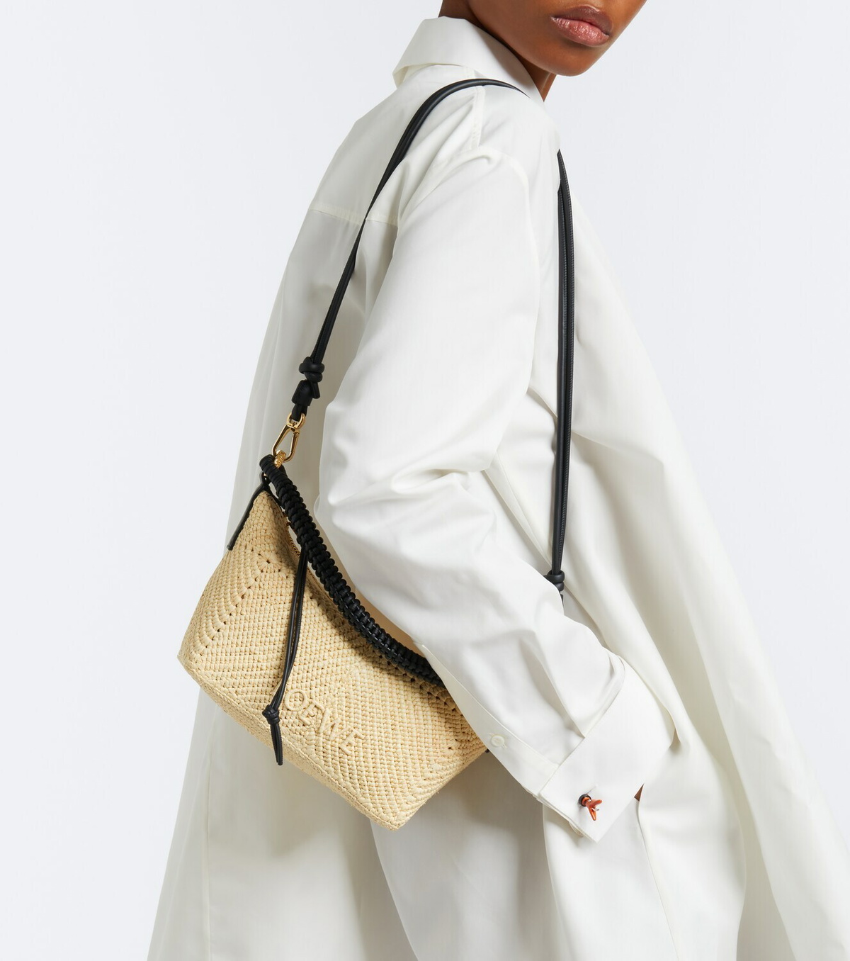 Loewe Cala Mini leather-trimmed raffia top-handle bag