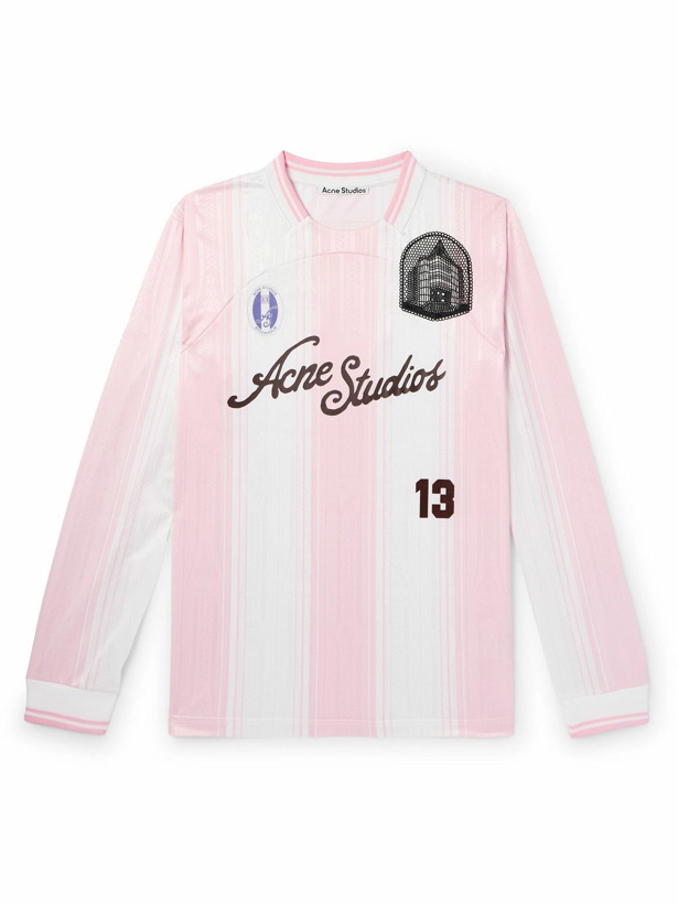 Photo: Acne Studios - Appliquéd Logo-Print Striped Mesh T-Shirt - Pink
