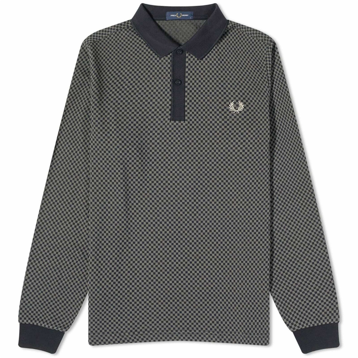 Fred Perry Men's Micro Chequerboard Long Sleeve Polo Shirt in Black ...