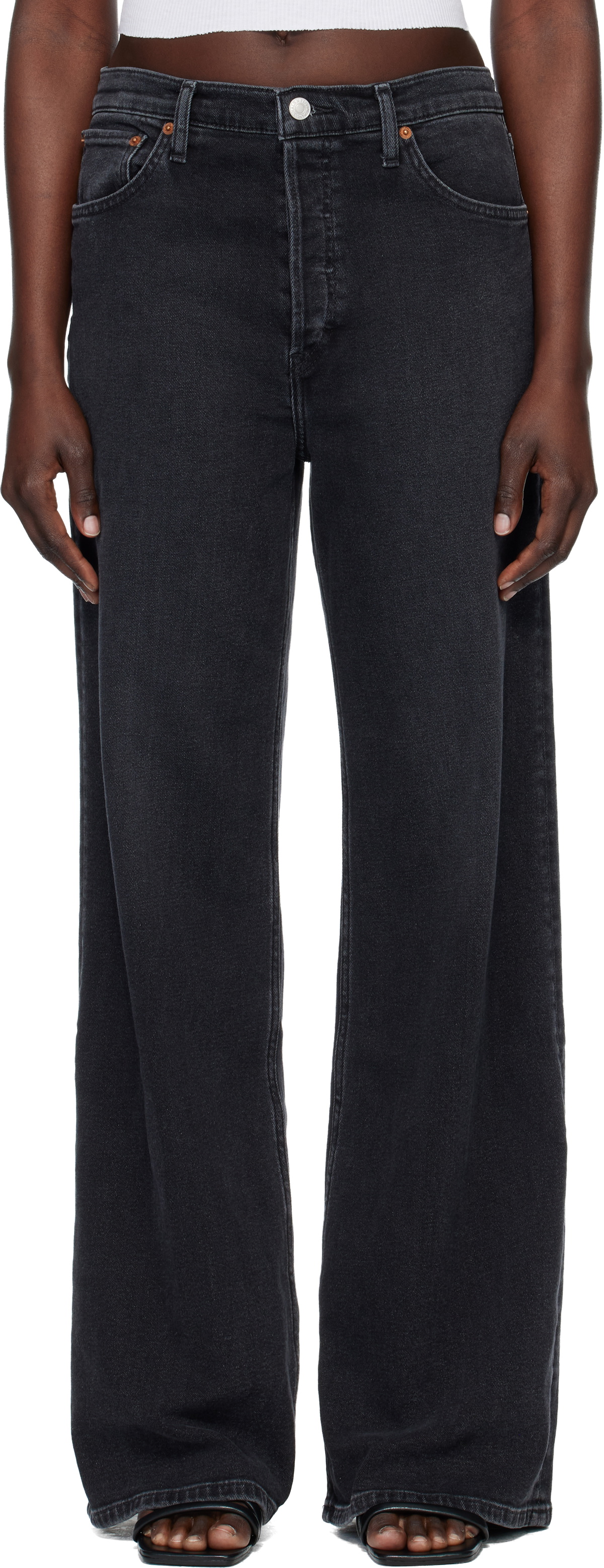 Re/Done Black Comfort Stretch High Rise Wide Leg Jeans