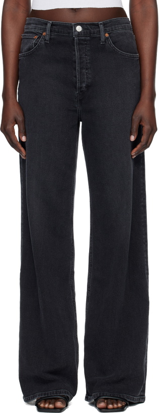 Photo: Re/Done Black Comfort Stretch High Rise Wide Leg Jeans