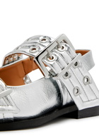 Ganni Buckle Ballerina Metallic Faux Leather Slingback Flats Silver