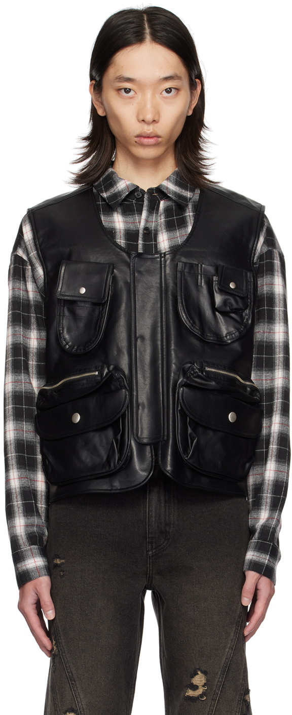 lesugiatelier Black Utility Pocket Faux-Leather Vest