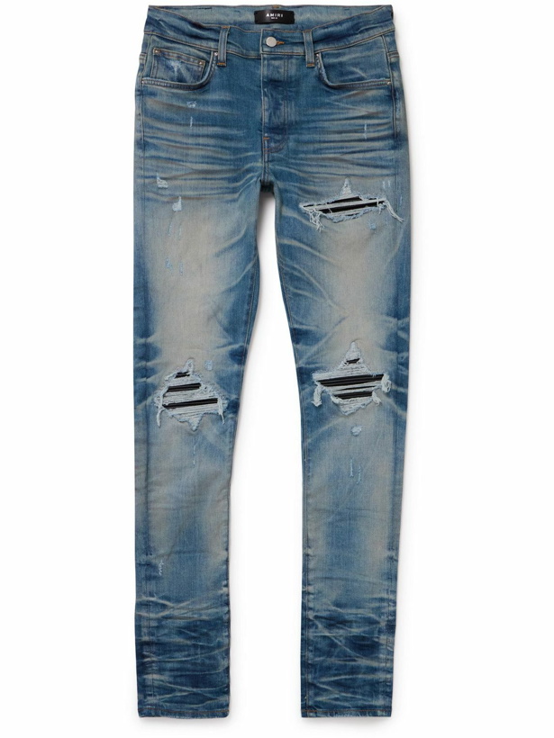Photo: AMIRI - MX1 Skinny-Fit Ultrasuede®-Panelled Distressed Jeans - Blue