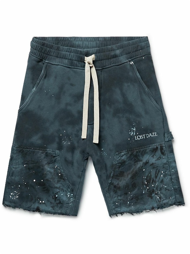 Photo: Lost Daze - Paint-Splattered Printed Cotton-Jersey Drawstring Shorts - Blue