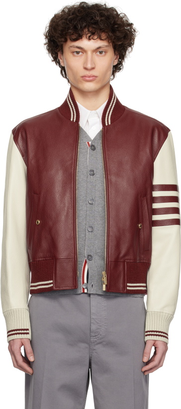 Photo: Thom Browne Burgundy & Off-White Classic 4 Bar Leather Bomber Jacket
