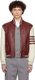 Thom Browne Burgundy & Off-White Classic 4 Bar Leather Bomber Jacket